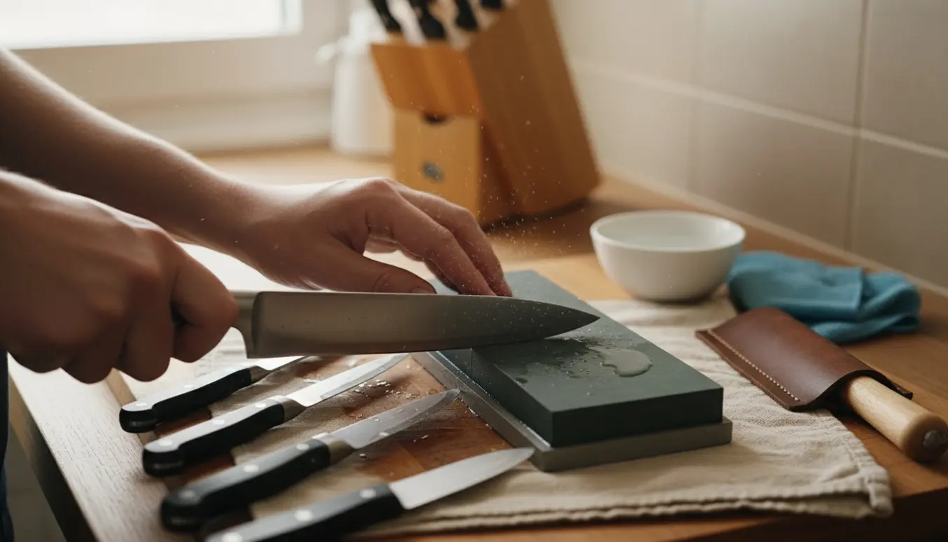 Hænder sliber flere køkkenknive på en våd slibesten på et træbord i blødt dagslys.