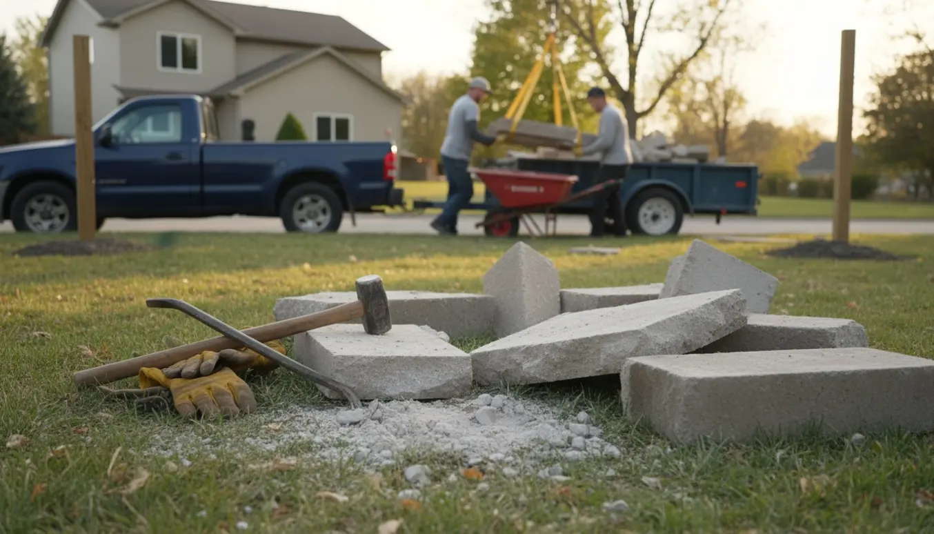 Væltede betonblokke bliver ryddet og læsset i en trailer foran et hus.
