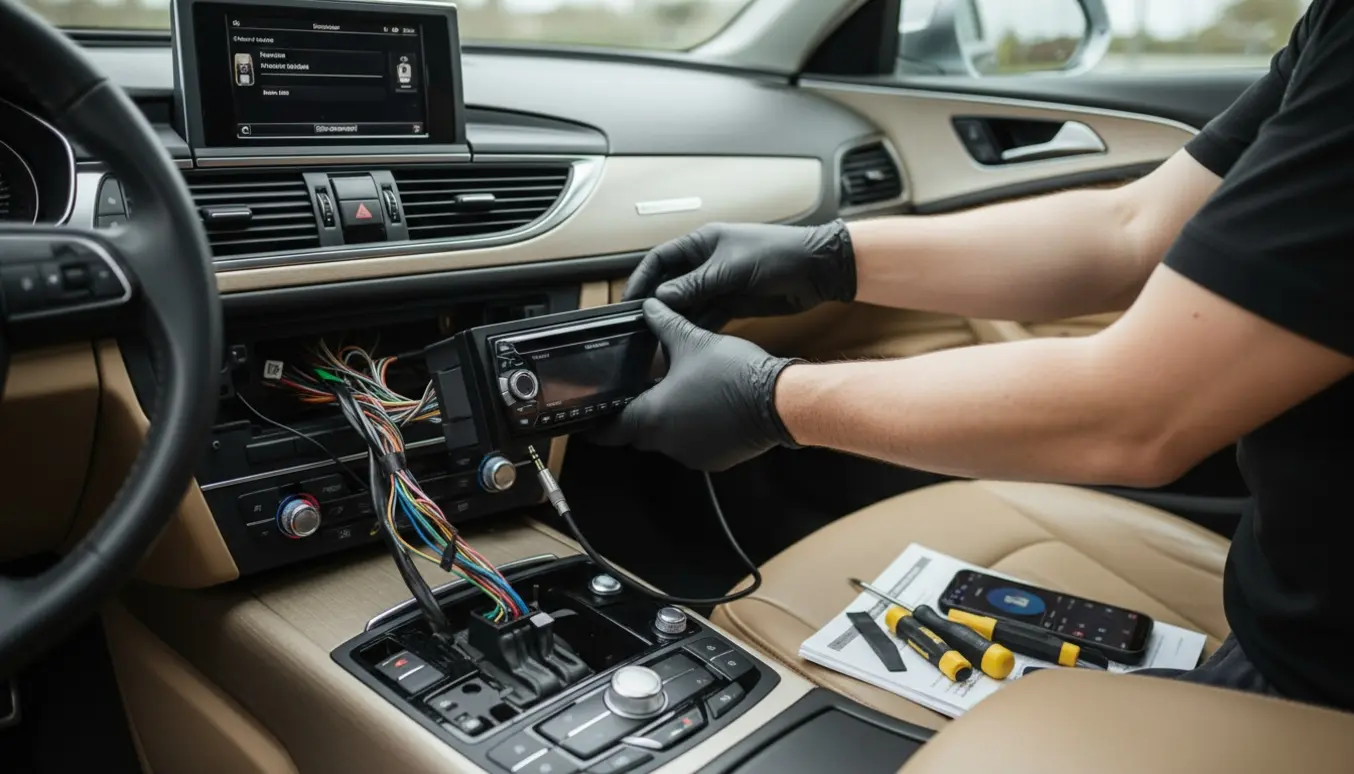 Nærbillede af installation af ny autoradio i en Audi A6 med kabler, værktøj og smartphone på sædet.