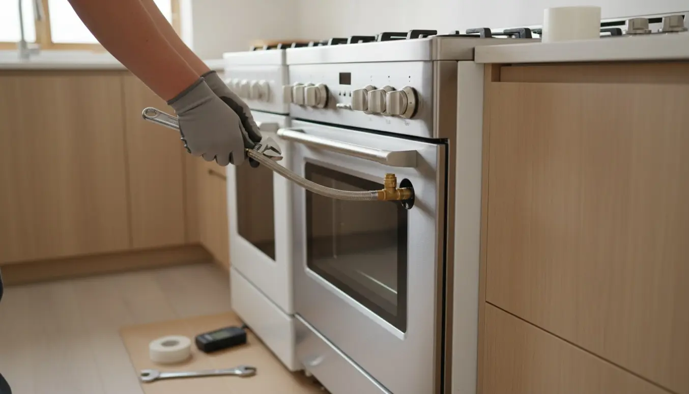 Nærbillede af udskiftning af gaskomfur med hænder, skruenøgle og synligt gasafspærringsventil.