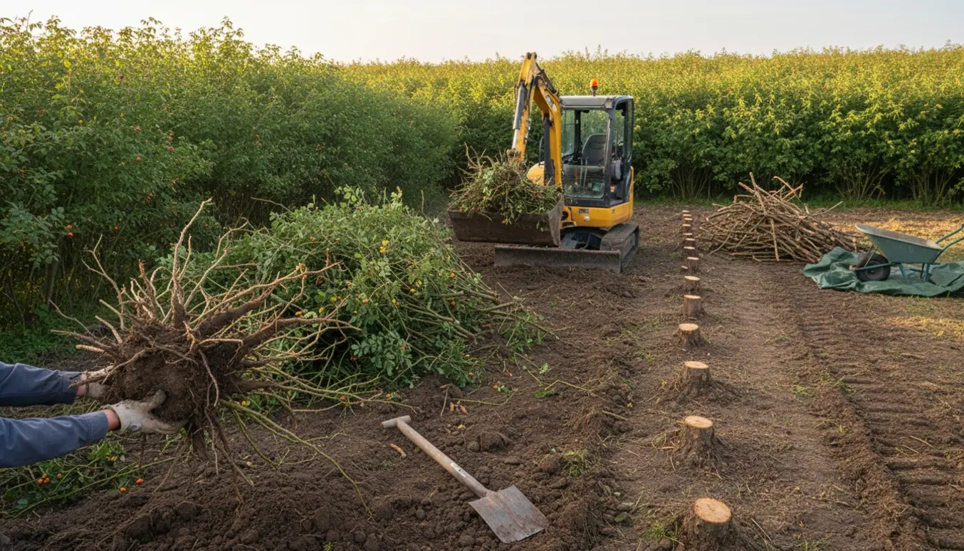 Mini-graver og redskaber ved opgravede hybenbuske med rodklumper og lave beskårne stammer på et ryddet jordareal.