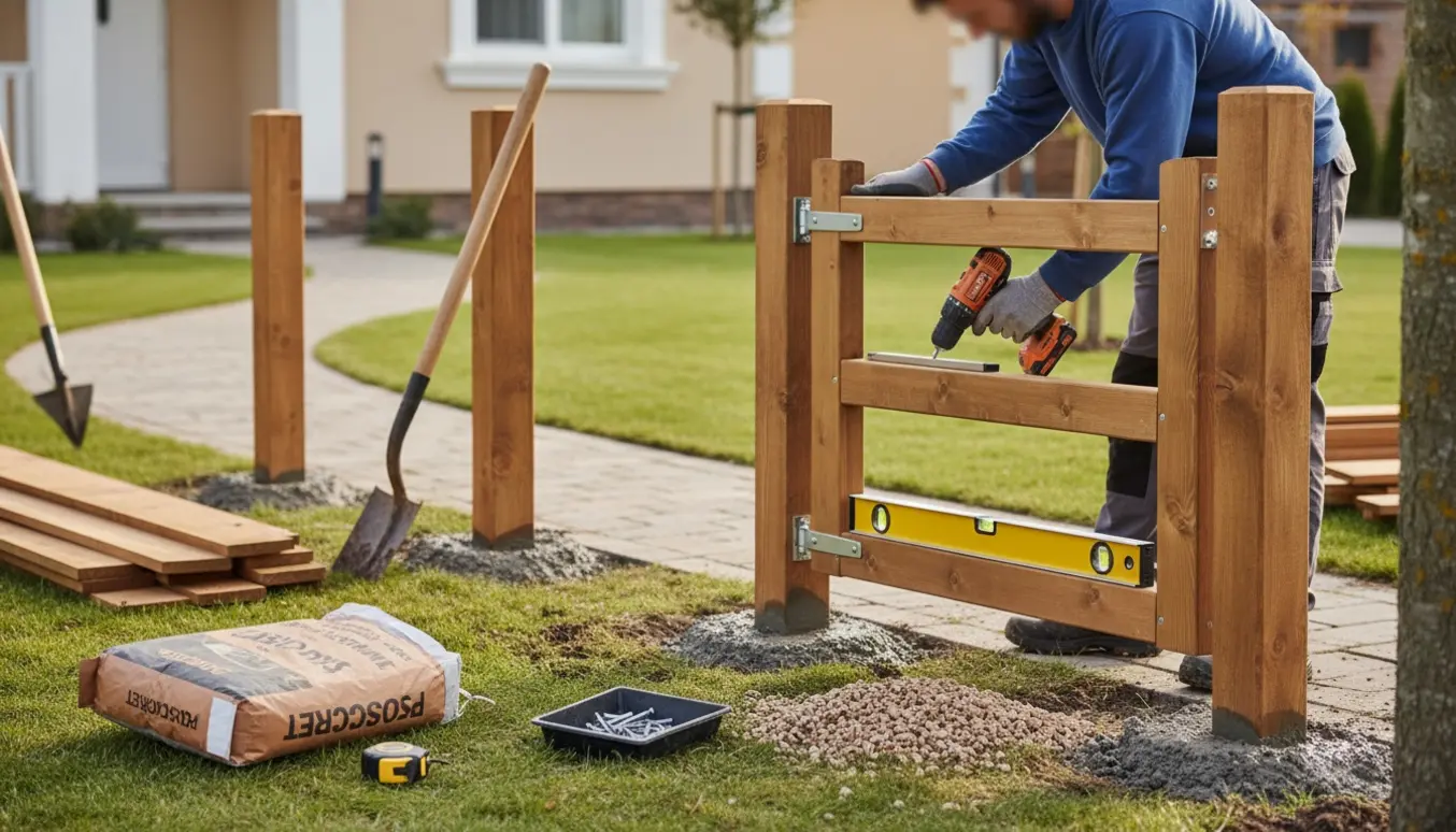 Opsætning af lille termobehandlet fyrhegn med låge i forhaven, materialer og værktøj synlige.