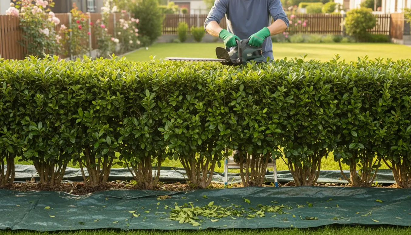 Person trimmer en blød nauerhæk til ensartet højde med hækkeklipper i en solrig have.