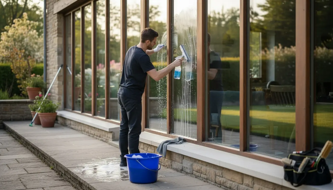 Person pudser vinduer og glasdøre i stueetagen med skraber, spand og klud.