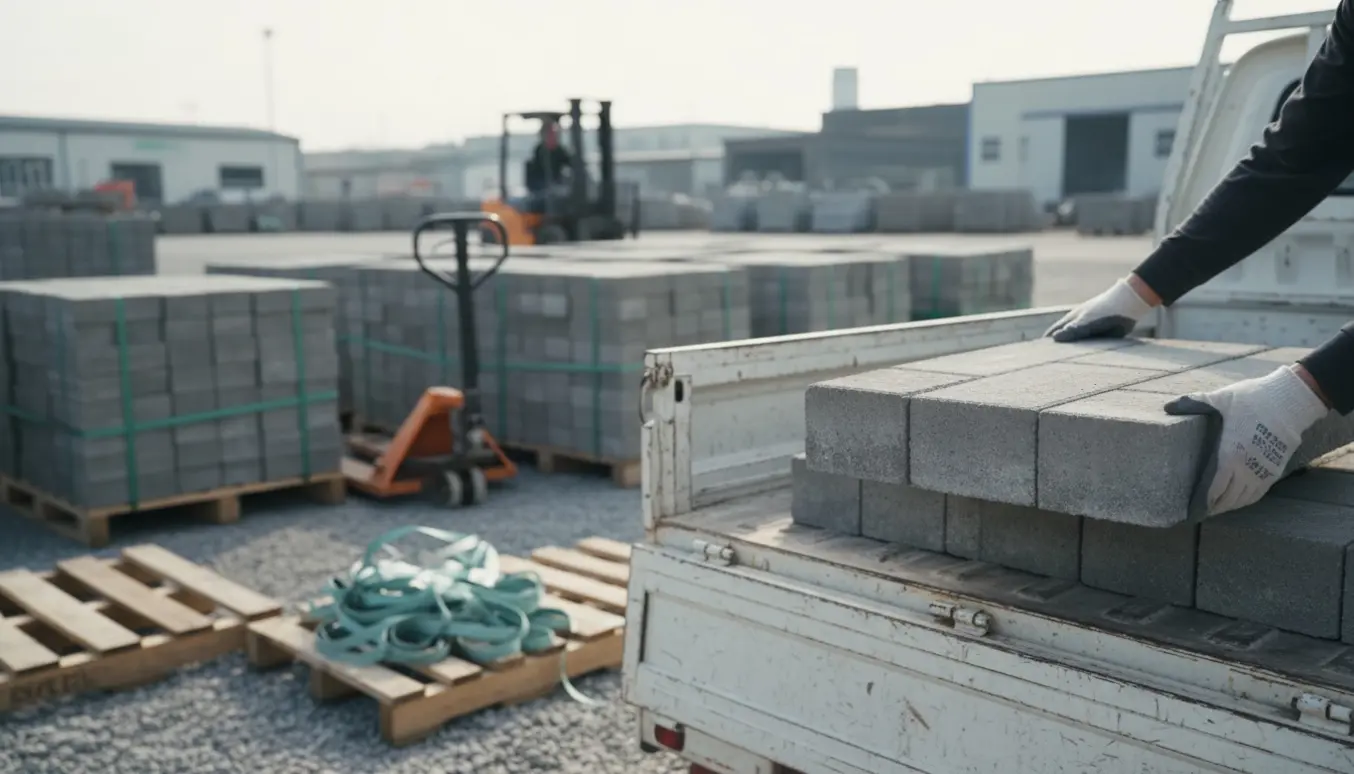 Handskerede hænder læsser betonfliser på en pickup ved et byggemarked.