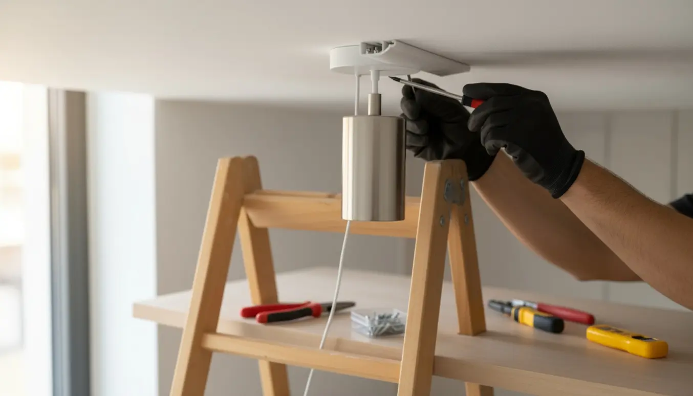 Hænder monterer en ny loftslampe og skjuler en ledning med kabelskjuler.