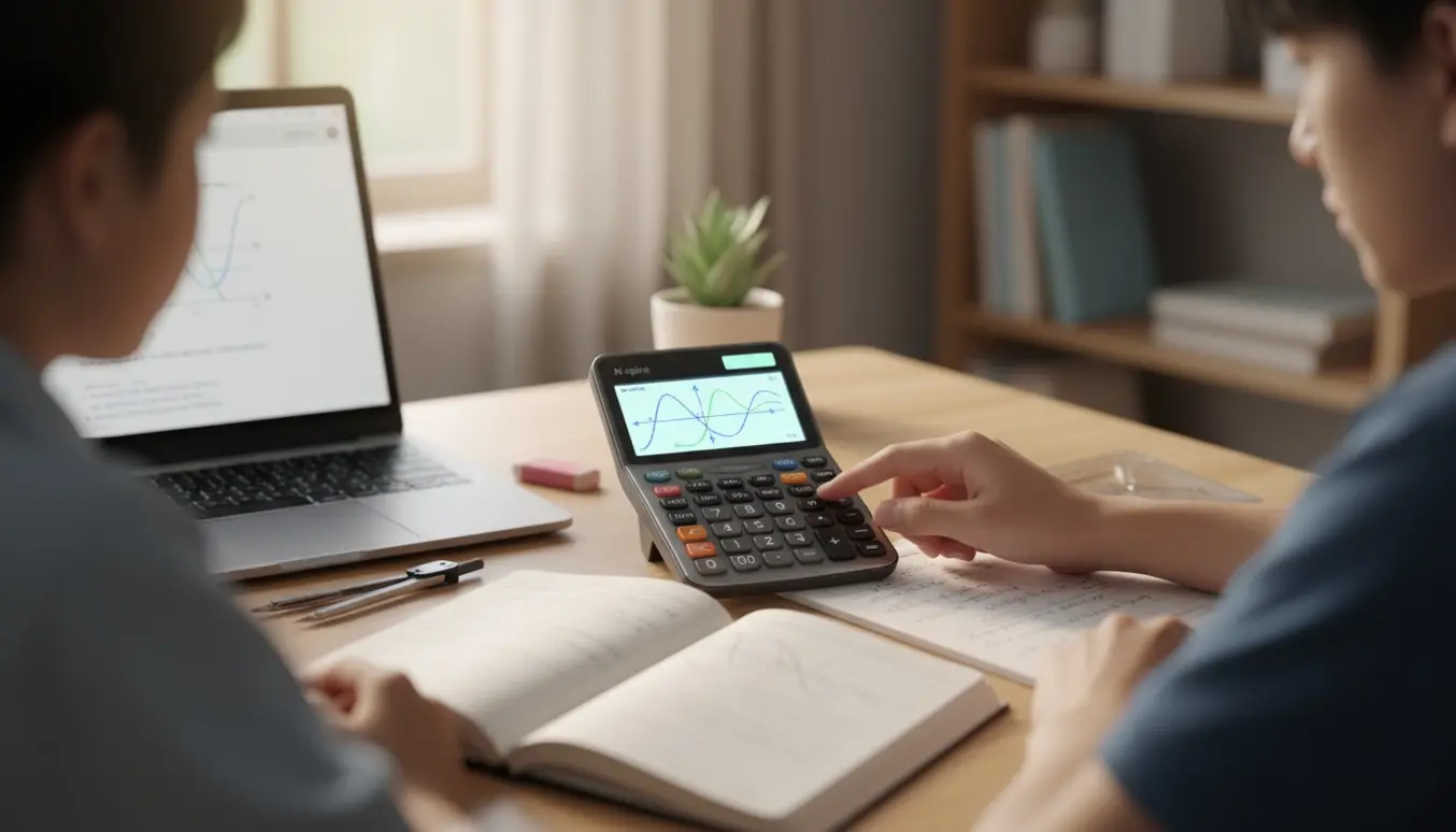 Nærbillede af hænder, der arbejder med en N‑spire‑lignende lommeregner, notesbog og blyant ved et lyst skrivebord.