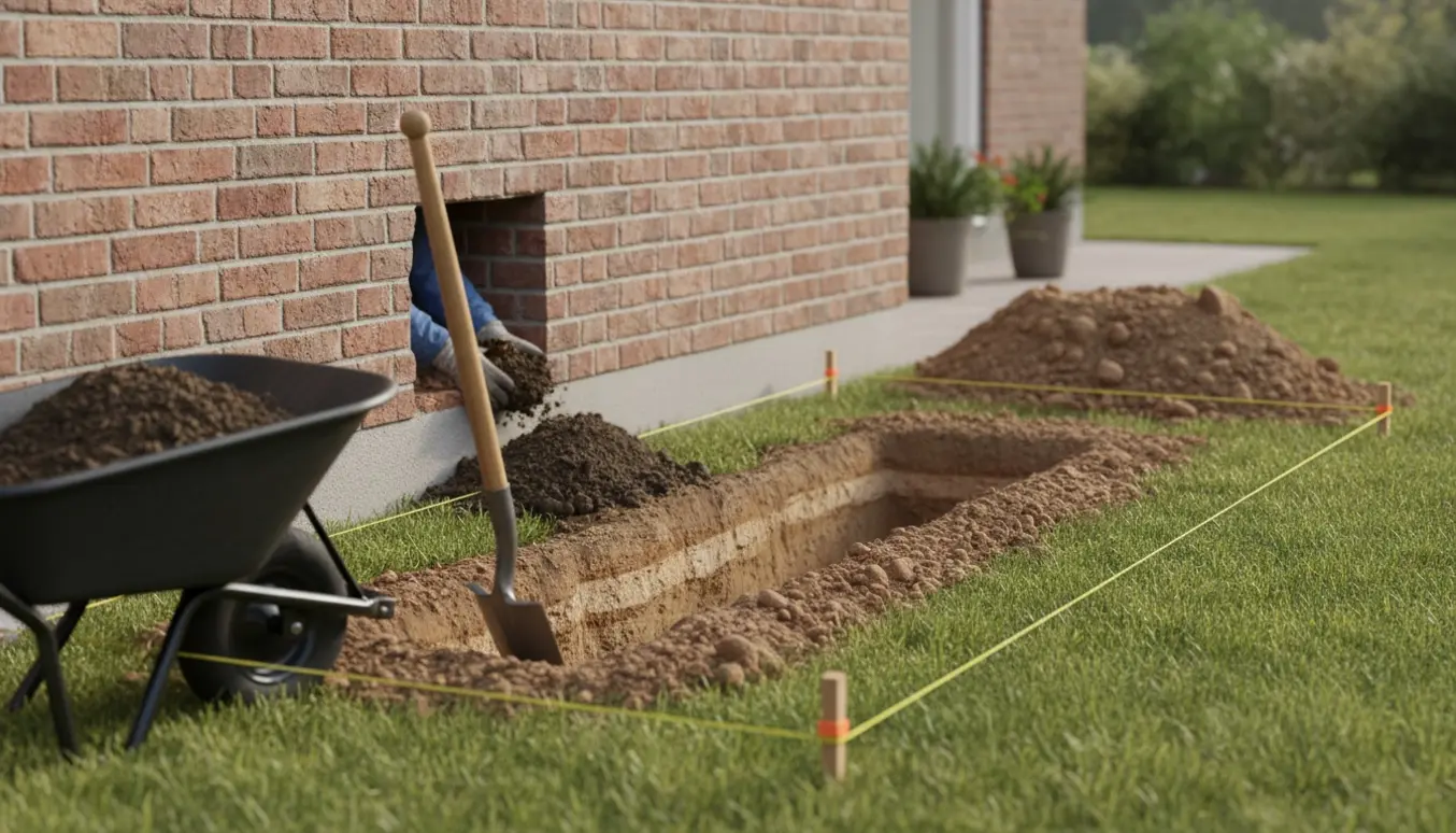 Opgravning ved en ydermur med skovl, trillebør og en jordvold ved et udgravet område.