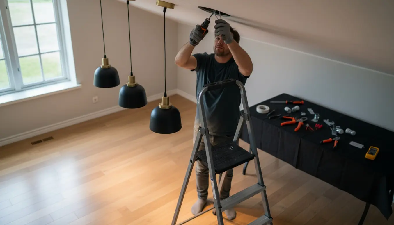 Person på en stige installerer fem loftlamper i en moderne stue.