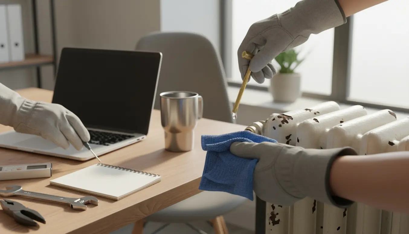 Hænder udlufter en gammel støbejernsradiator i et lyst kontor med en klud under ventilen.