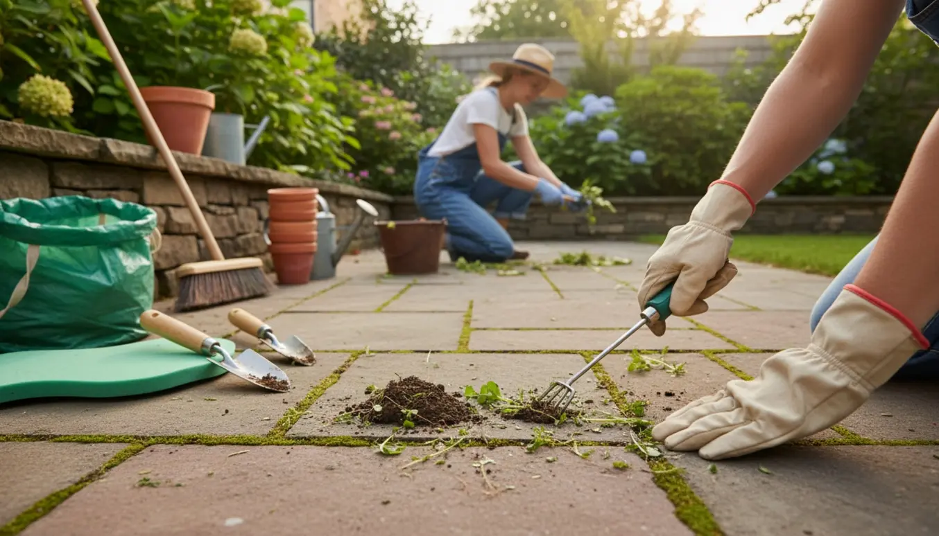 Handskerede hænder fjerner ukrudt mellem fliser ved et blomsterbed i haven.