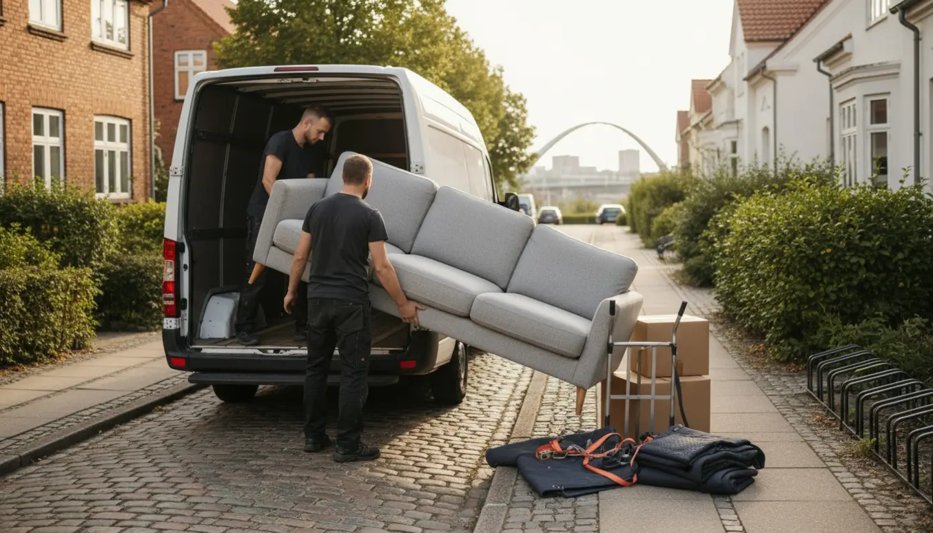 Sofa læsses i en flyttebil på en stille, træbevokset vej i Gentofte.