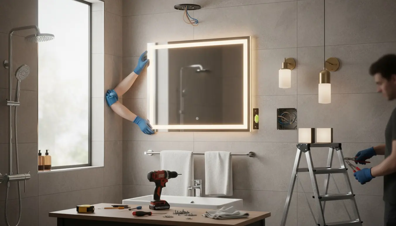 Installation af LED-spejl og flere lamper i et moderne badeværelse med værktøj og hænder i arbejde.