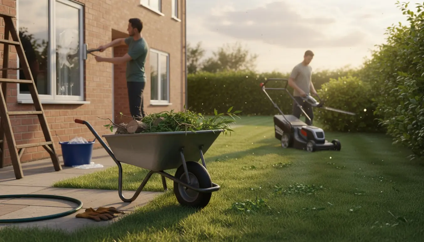 Have med nyslået græs, nyskåret hæk, trillebør med haveaffald og vinduespudser i arbejdstøjet (ansigter ikke synlige).