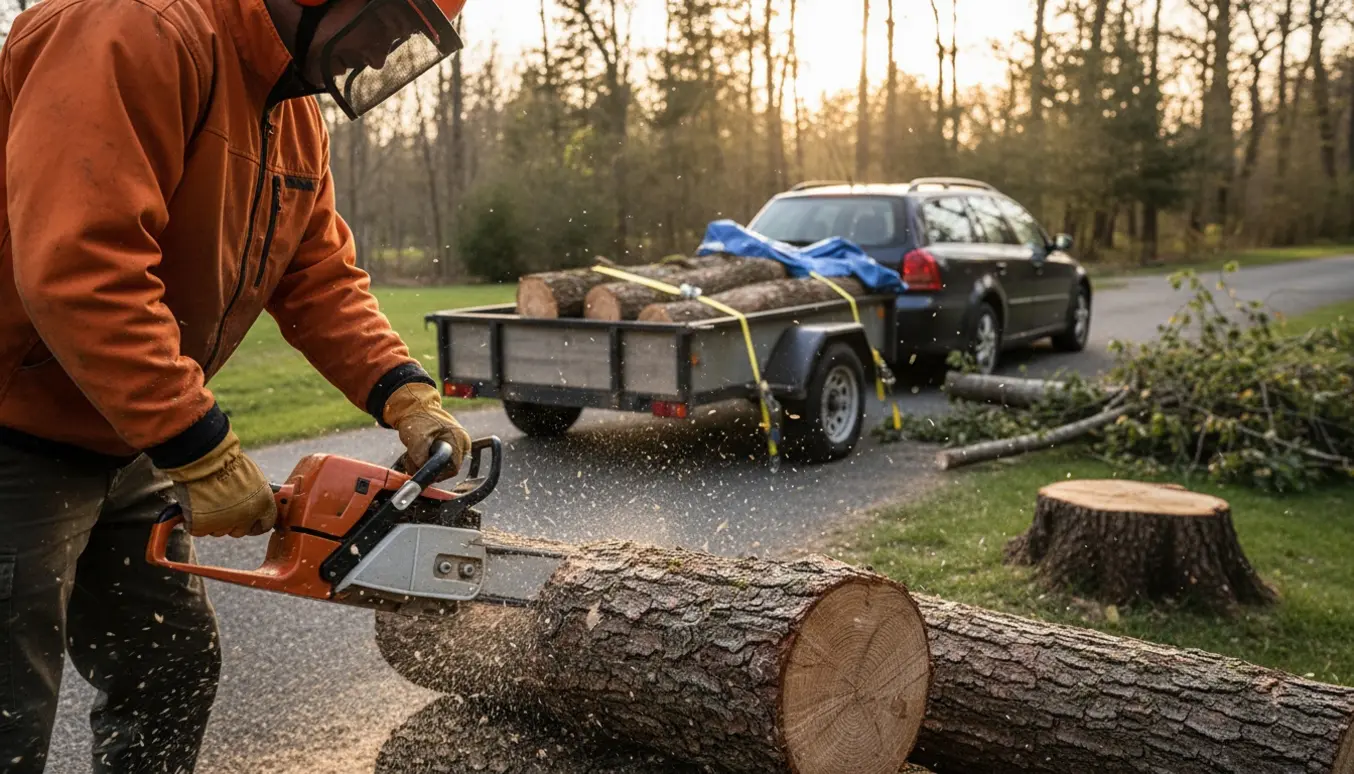 En motorsav skærer et fældet træ i stykker ved en trailer fyldt med brænde.