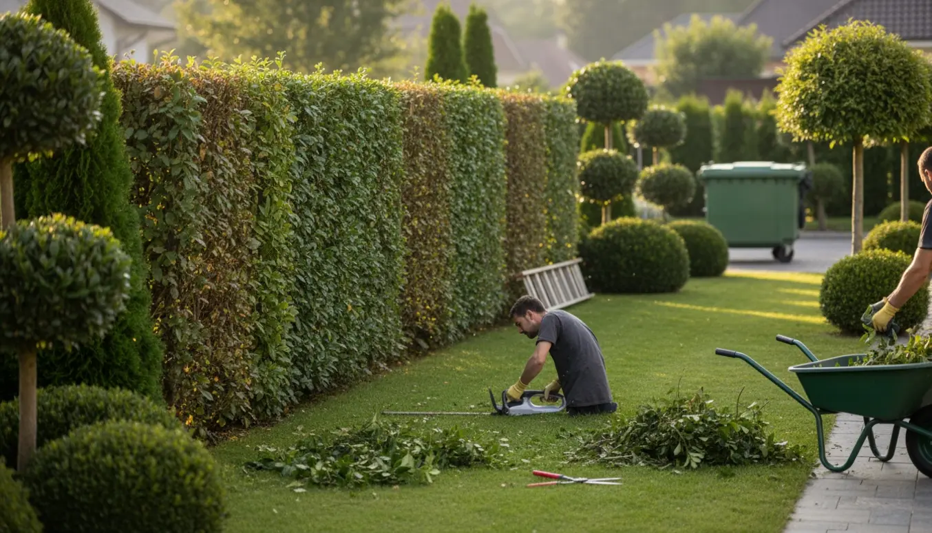 Nyklippet blandet hæk af tjørn, liguster og tuja i en villahave med haveredskaber og container til haveaffald.