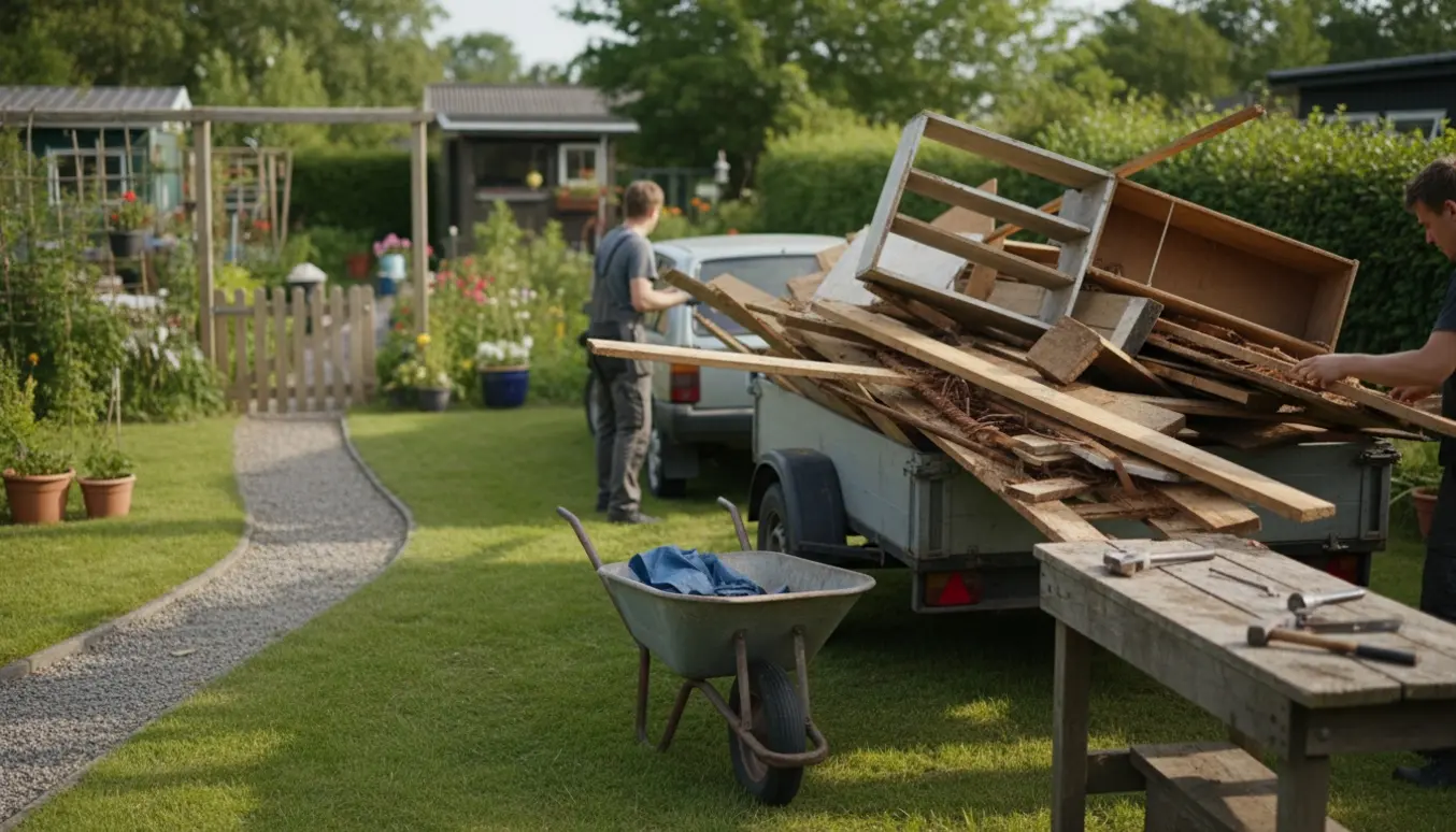 Åben trailer fyldt med træ- og skuraffald i en kolonihave, mens personer uden synlige ansigter læsser materialet.
