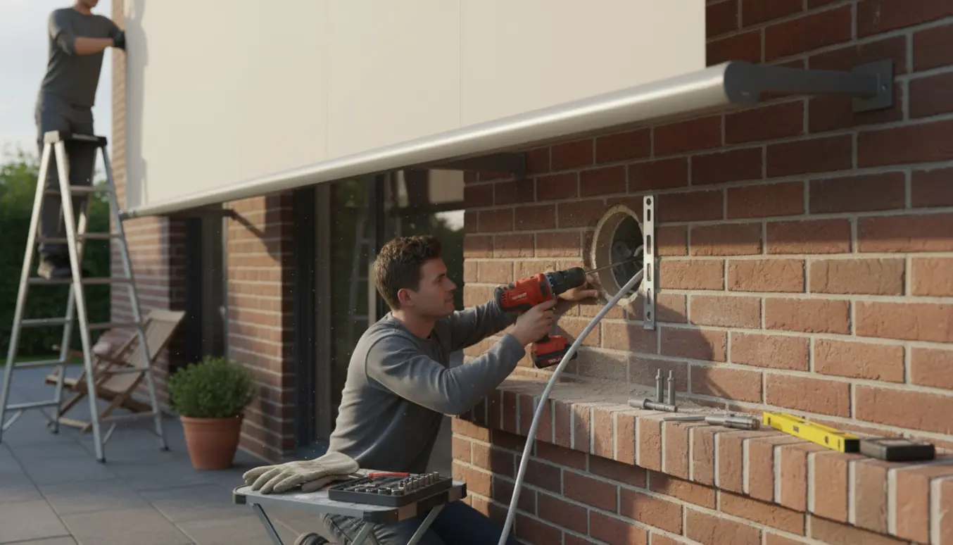 Elektrikere monterer en elektrisk markise på en murstensvæg med værktøj og kabelinstallation.