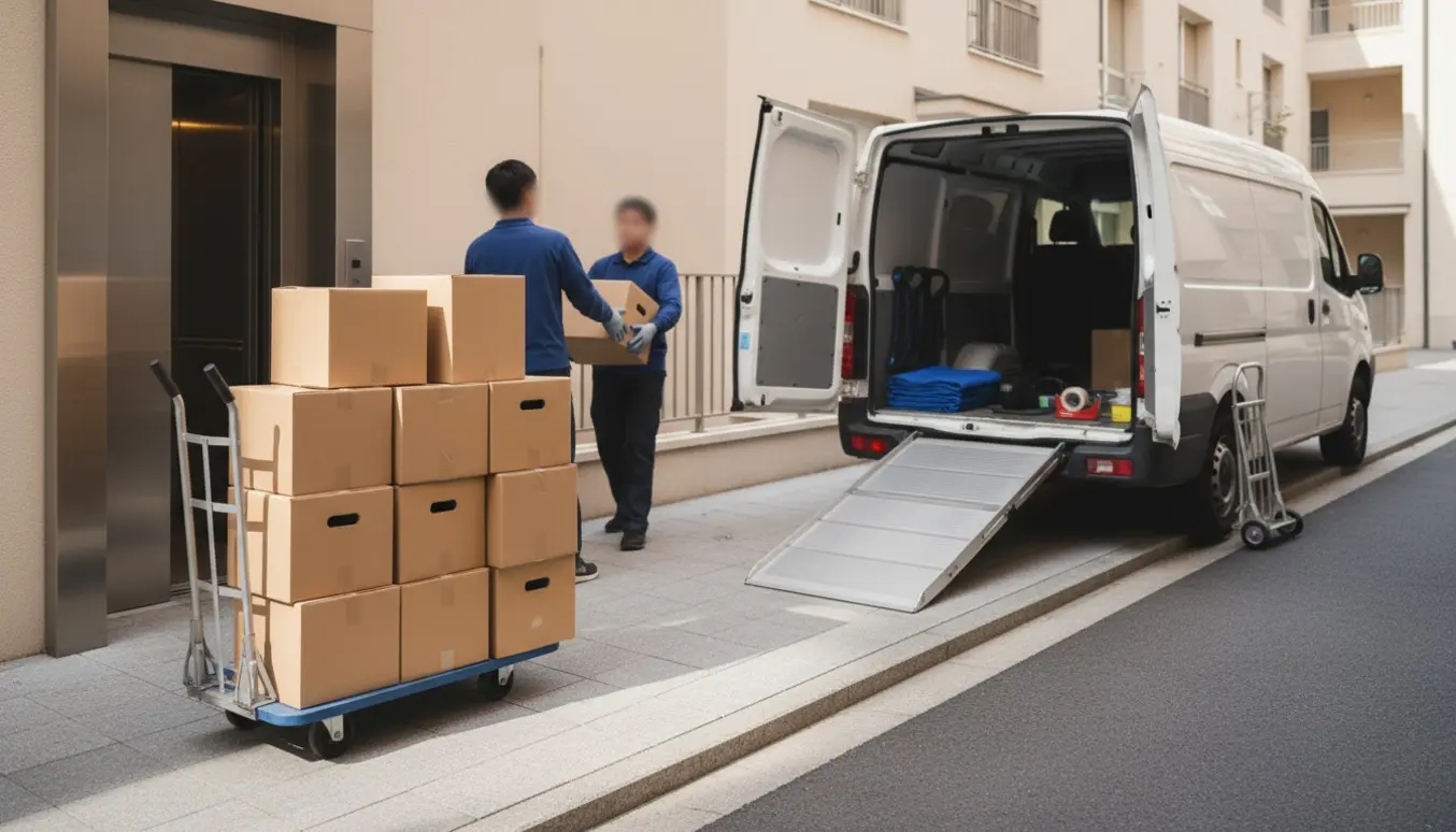 Flyttefolk triller små (40x40 cm) flyttekasser på håndtruck mod en åben varevogn ved en gårdelevator.