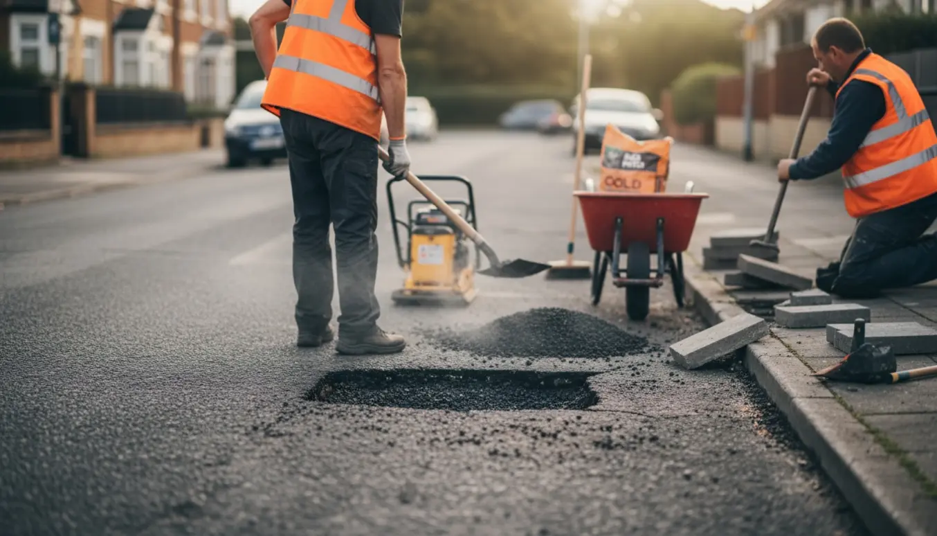 Arbejder reparerer hul i asfalten og omlægger knækkede fortovsfliser på en gade.