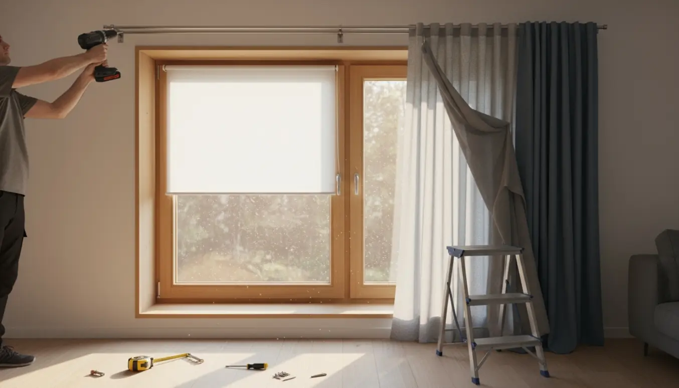 Hænder monterer to gardinsæt og et rullegardin i et vindue med værktøj og naturligt lys.
