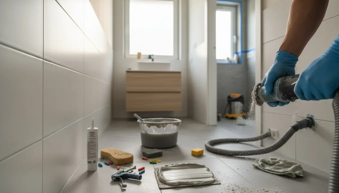 Nærbillede af handskeklædte hænder, der udskifter fuger i et lille flisebadeværelse med værktøj og spand.