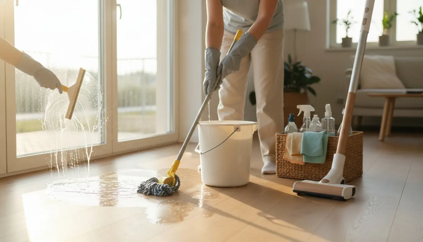 Rengøringshjælp i et lyst hjem med handskeer, moppe, spand, vinduesskraber og støvsuger.