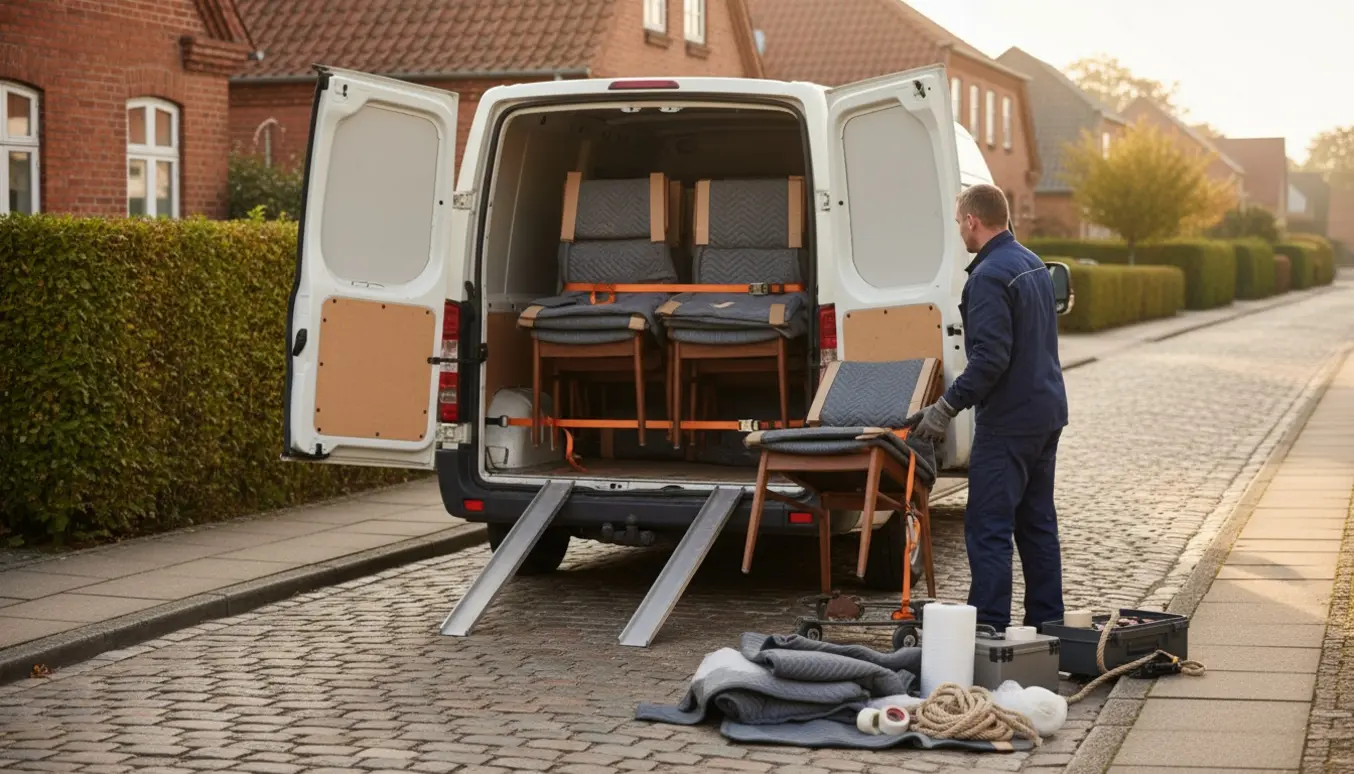 Seks spisestole pakket og læsset i en varevogn på en stille forstadsgade, klar til levering.