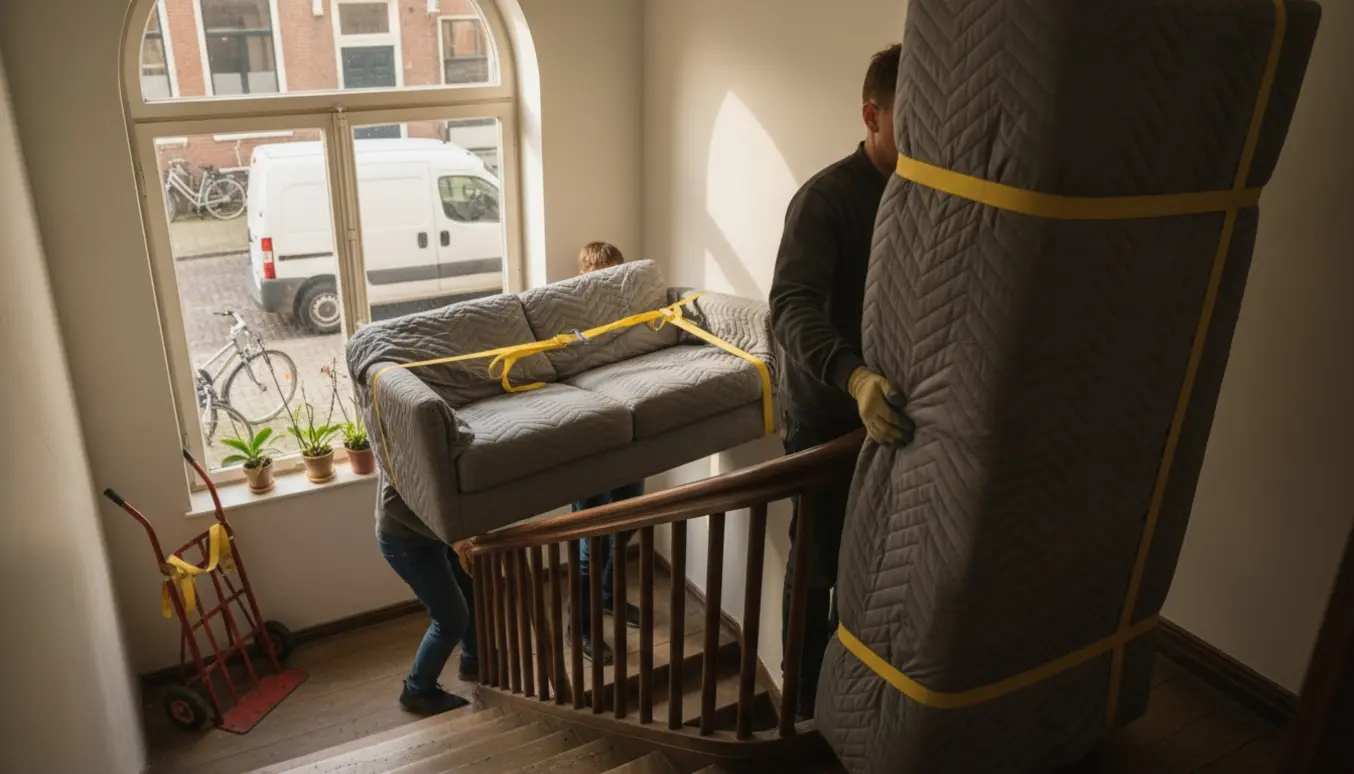 To personer bærer en tomandssofa ned ad en smal trappe, mens en pakket boxmadras er klar ved en åben flyttevogn.