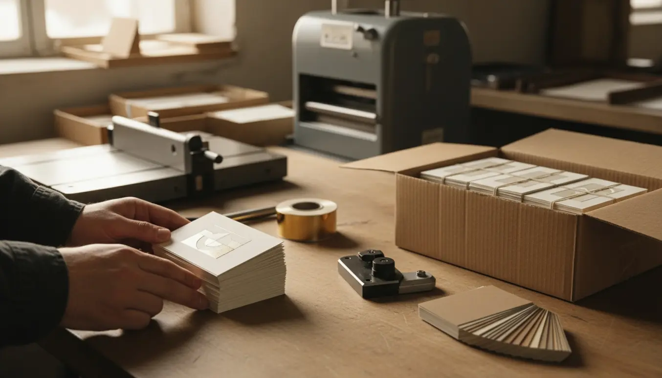 Nydelige stakke visitkort på et træbord i et trykkeri, klar til pakning.