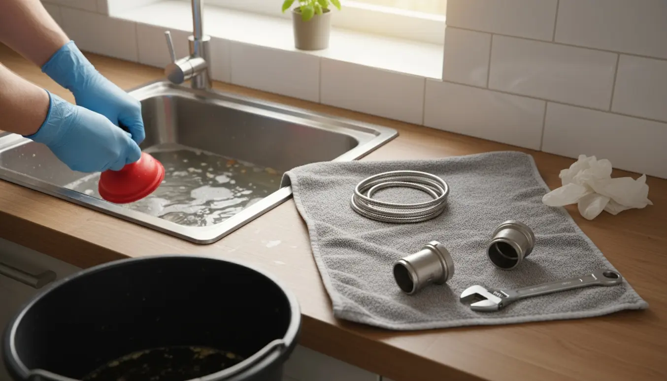 Stoppet køkkenvask med stående vand, en sugekop i brug, afløbsrenser, åben P-fælde og værktøj på bordet.