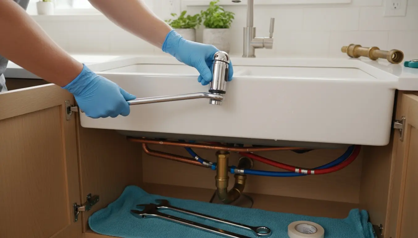 Nærbillede af udskiftning af køkkenvandhane med hænder, værktøj og nyt krombatteri over en vask i et åbent underskab.