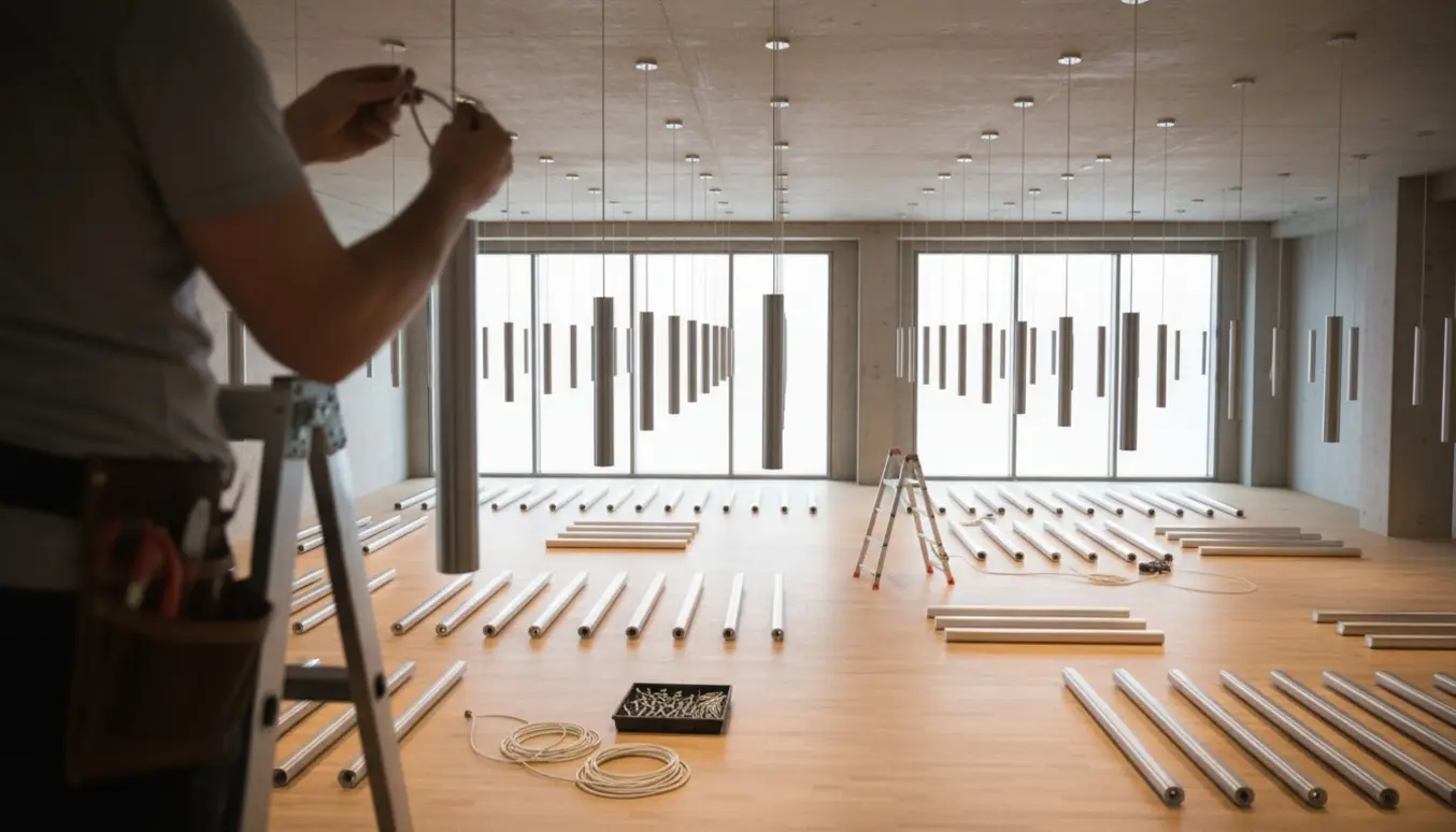 En montør på stige installerer rækker af hængelamper i et lyst, moderne rum.