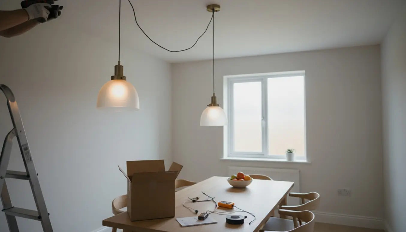 Hænder monterer en moderne loftlampe over et lyst spisebord i et nybygget rækkehus.