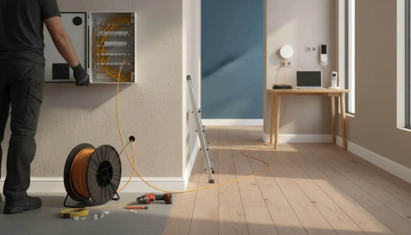 Tekniker trækker fiberkabel fra bryggers gennem en gang til hjemmekontor med værktøj og åben fiberboks.
