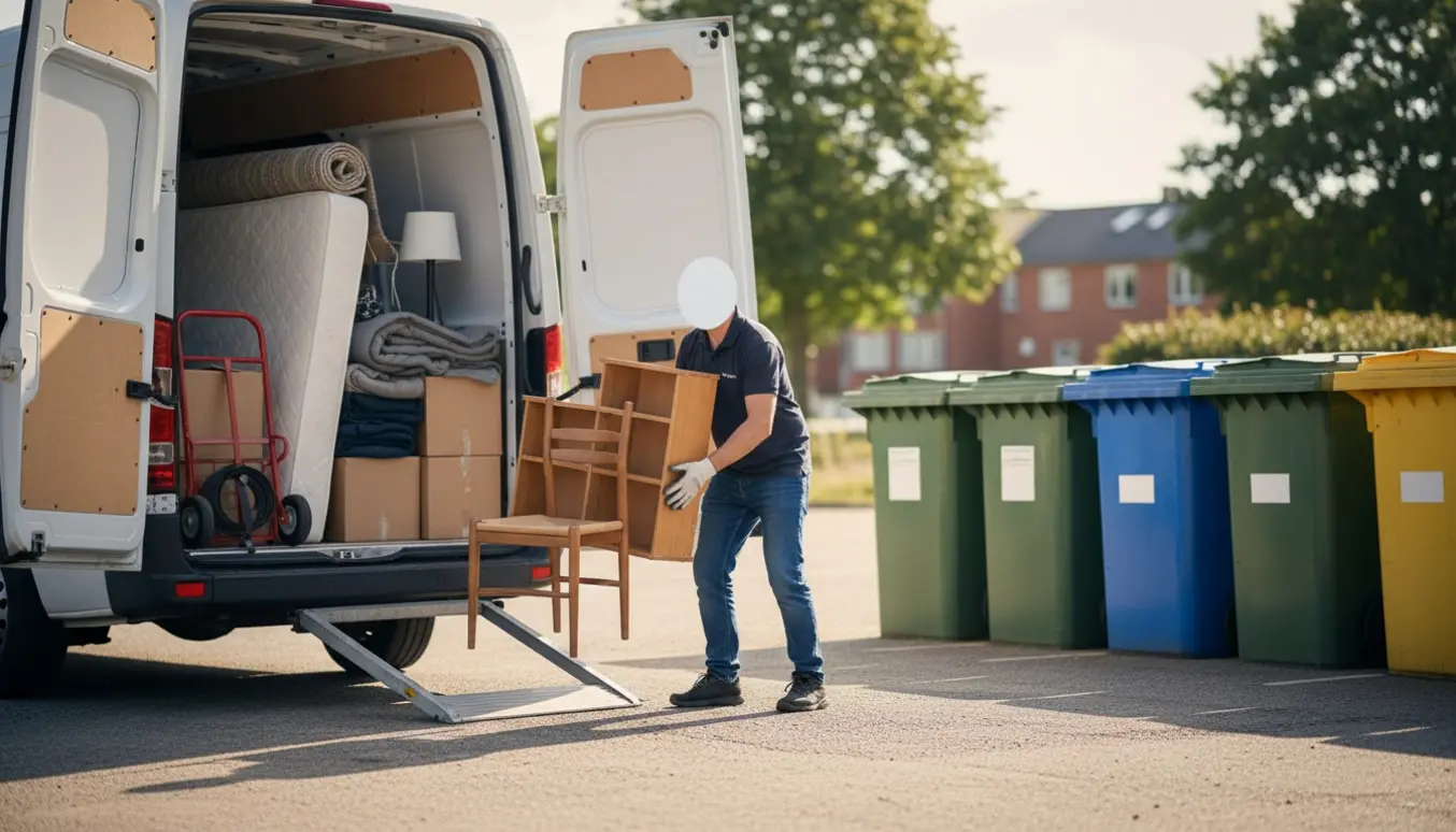 To personer bærer møbler ud af en åben varevogn ved en genbrugsplads i Gentofte.