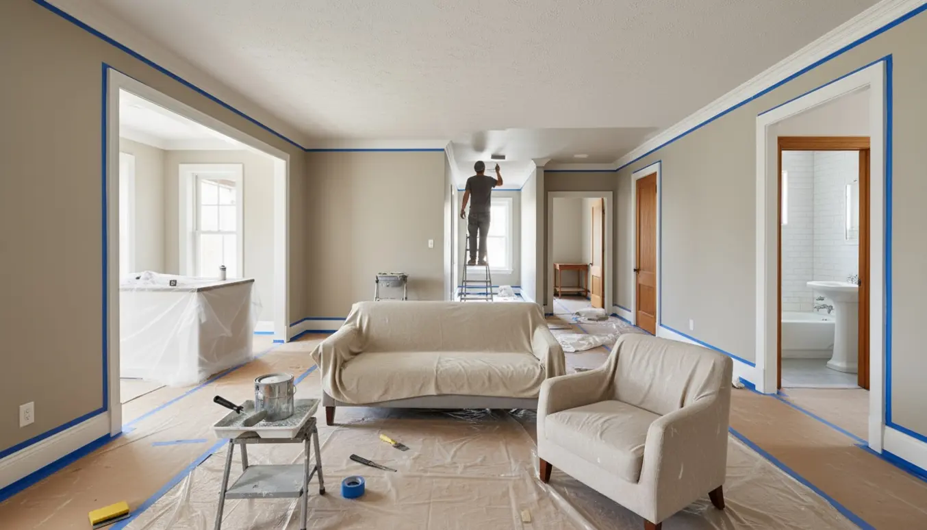Lejlighed under maling med afdækkede møbler, malerudstyr og nymalede vægge og lofter i gang og værelser.