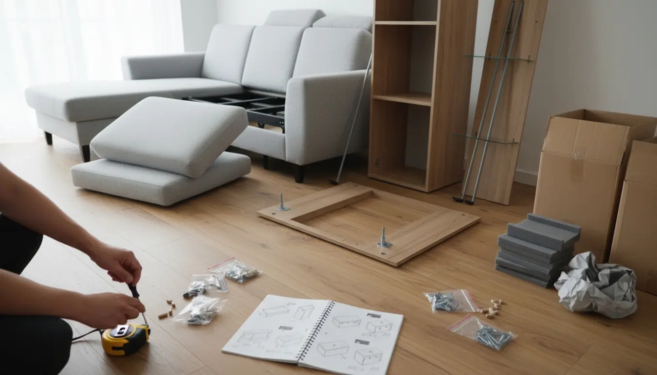 Hænder samler en Ikea-sofa og et Ikea-skab i en lys stue med værktøj og instruktioner.