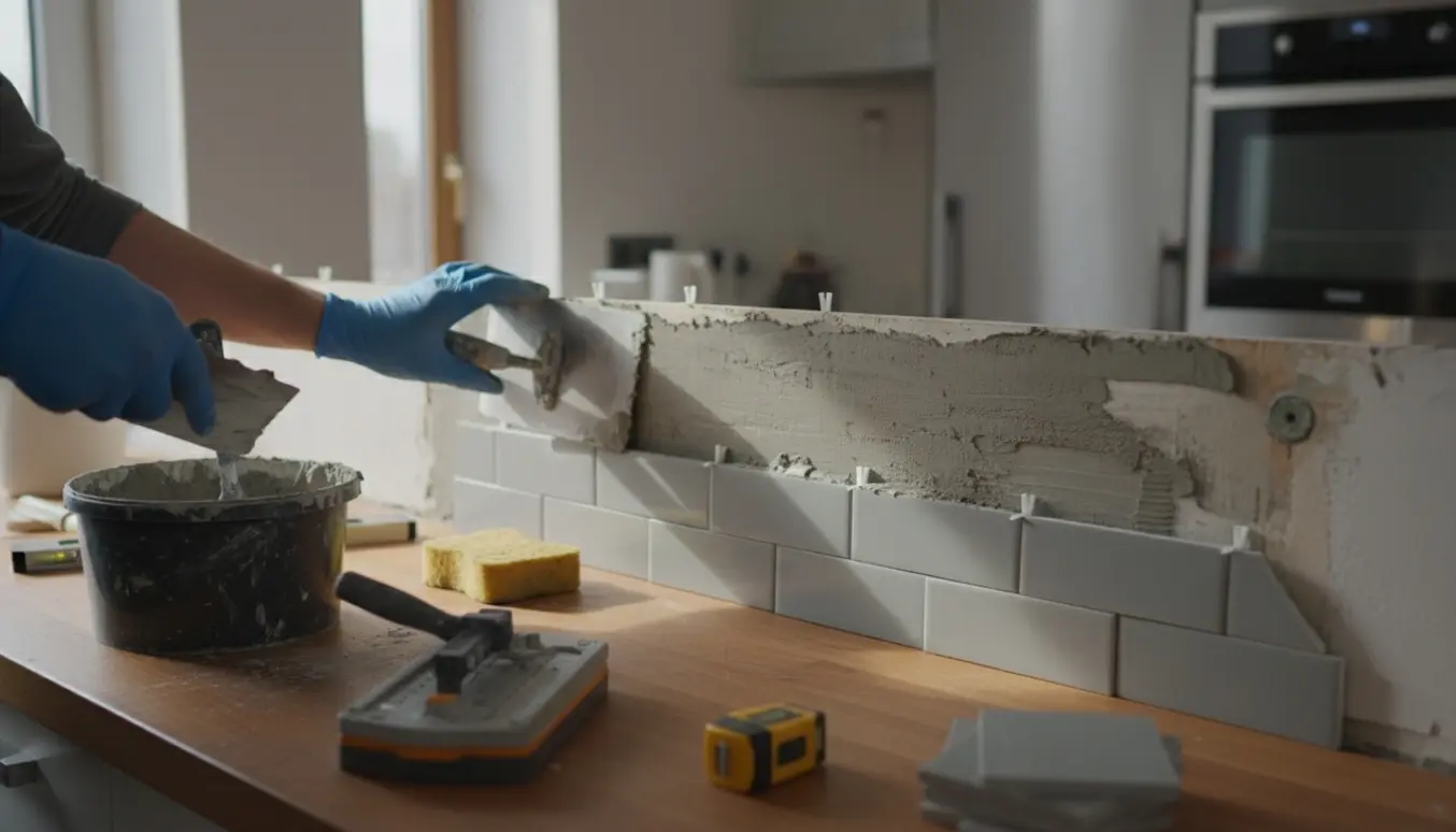 Nærbillede af et køkkenbagpanel på 3,5 m, hvor hænder sætter nye 9x15 cm fliser op over bordpladen.