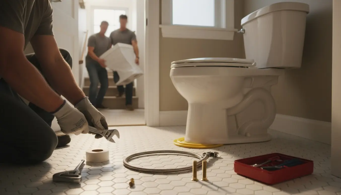 Håndværker monterer et nyt toilet i et lyst badeværelse, mens to personer bærer et indpakket toilet op ad trappen i baggrunden.