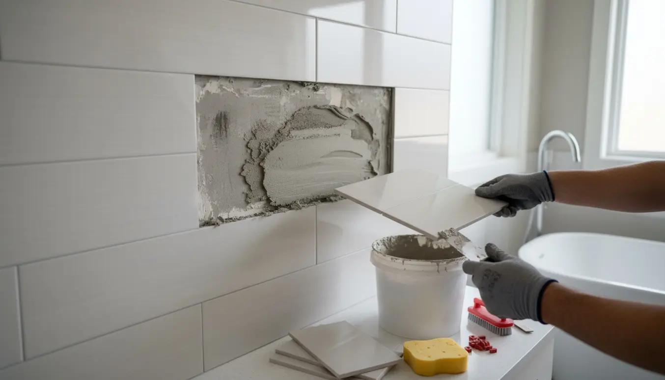 Nærbillede af reparation af badeværelsesfliser med hænder, fliseklæb og værktøj.