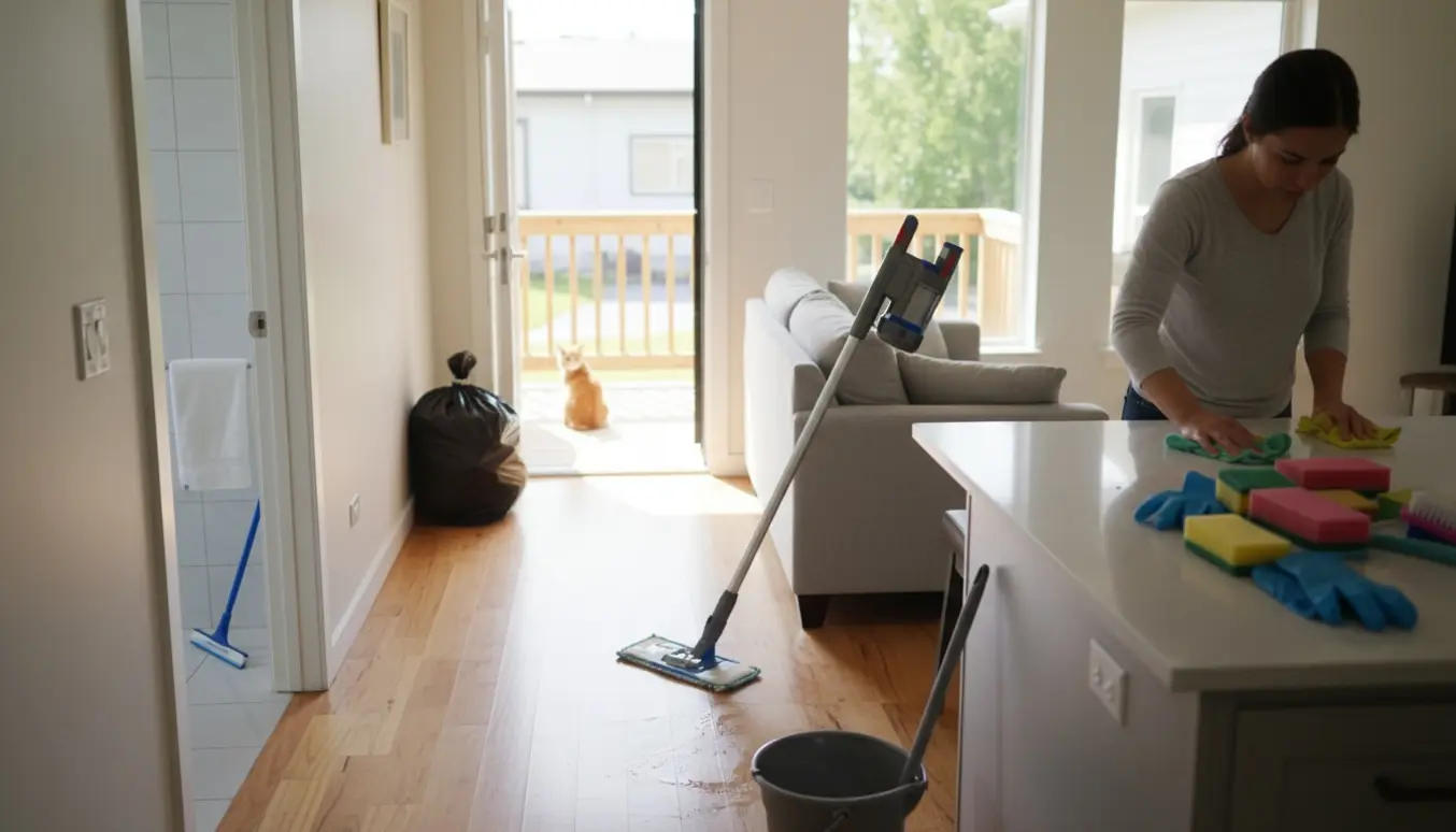 Lyssfyldt foto af rengøring i et étplans hjem med moppe, støvsuger, aftørring og en kat udenfor.