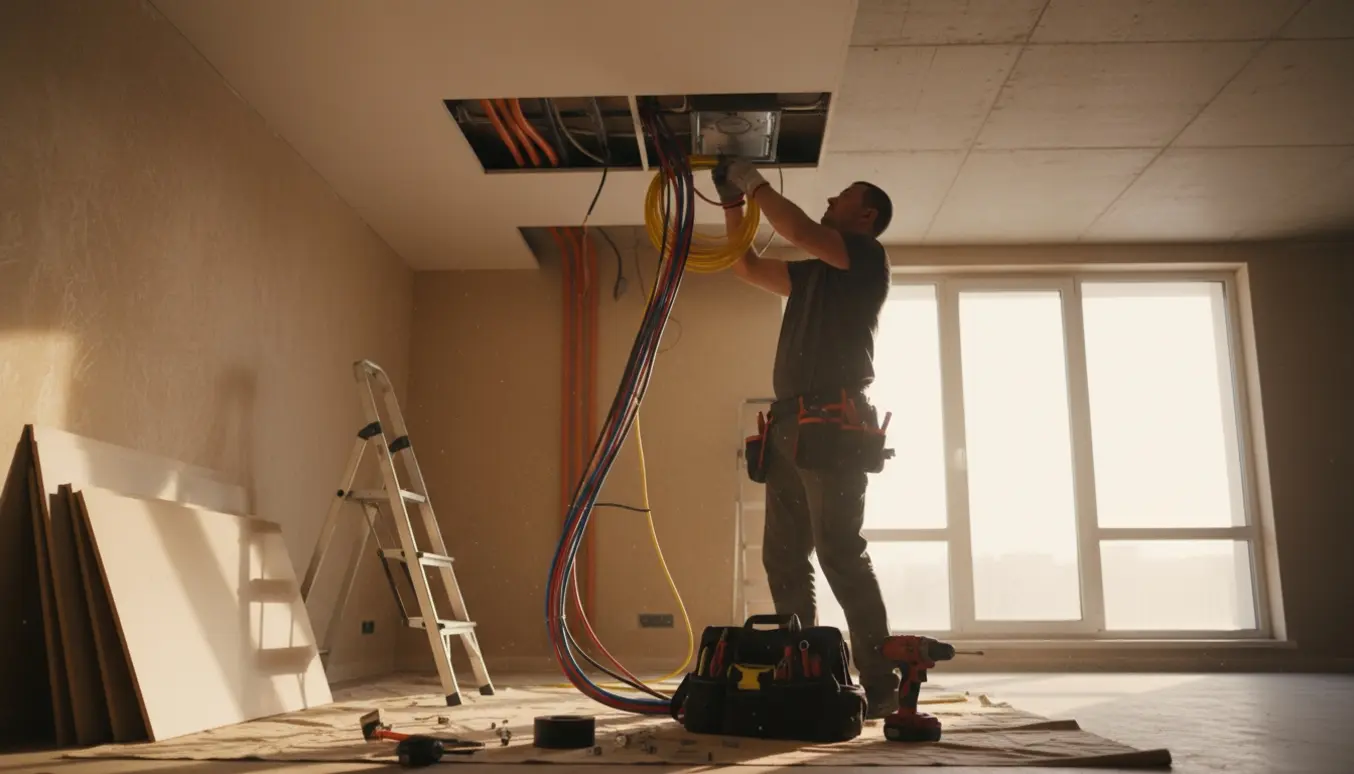 Elektriker trækker kabler i en lejlighed med sænket loft under renovering.