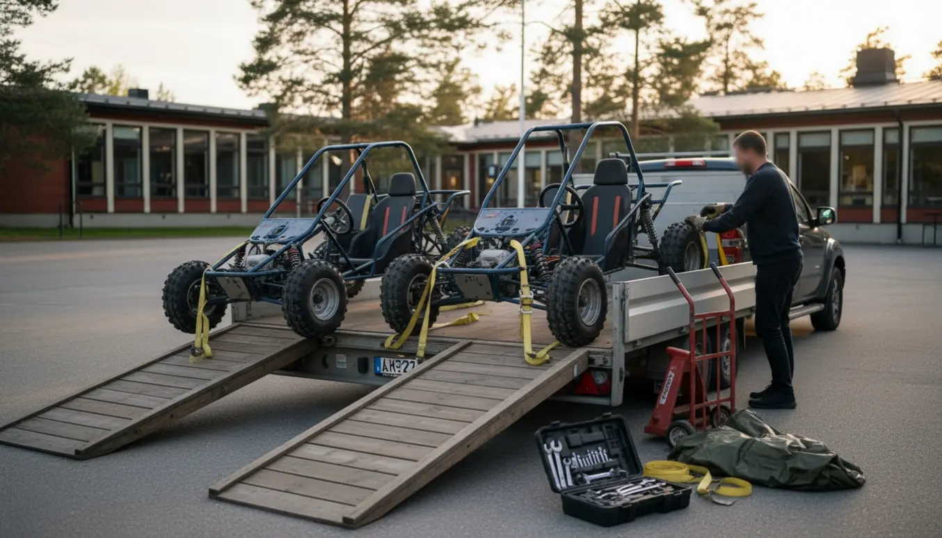 Tre buggikarts læsses på en trailer ved Tolne Efterskole, personer vist uden synlige ansigter.