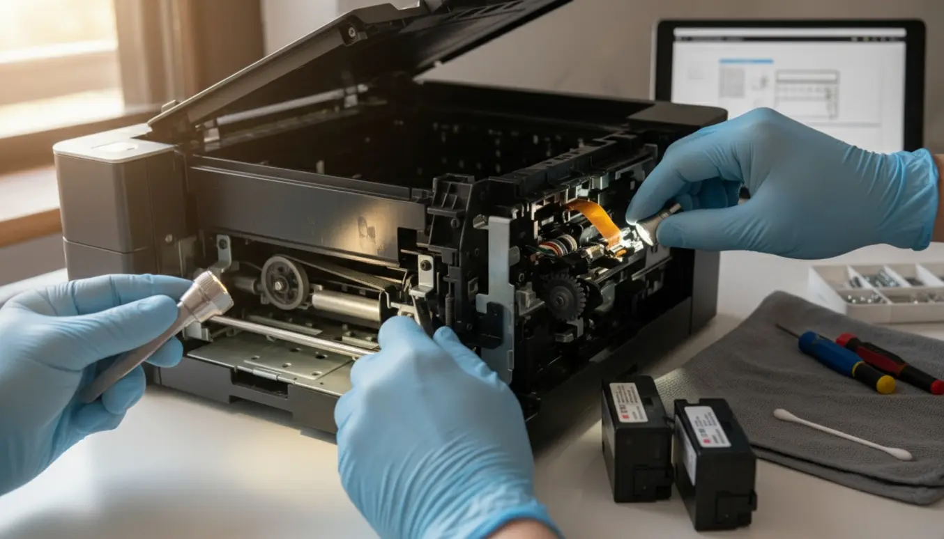 Nærbillede af en åben inkjet-printer med hænder, der undersøger printerhovedet med små værktøjer på et solbelyst arbejdsbord.