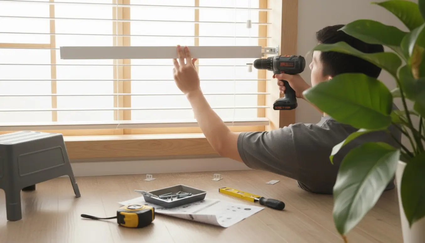 En person monterer en hvid persienne ved et vindue med boremaskine og værktøj.