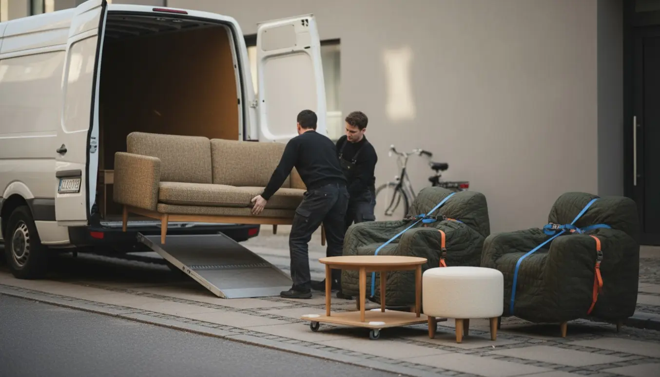 Flyttefolk laster en grå 2-personers sofa, lænestol, skammel og sofabord ind i en flyttebil foran en lejlighed.