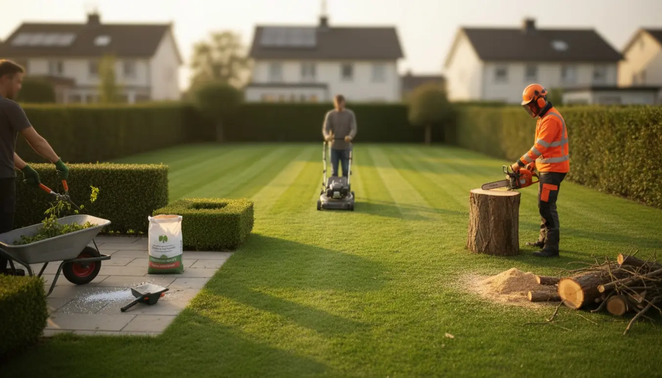 Nyslået græs med græsslåmaskine, gødning, beskårne planter og en arborist, der fælder et træ.
