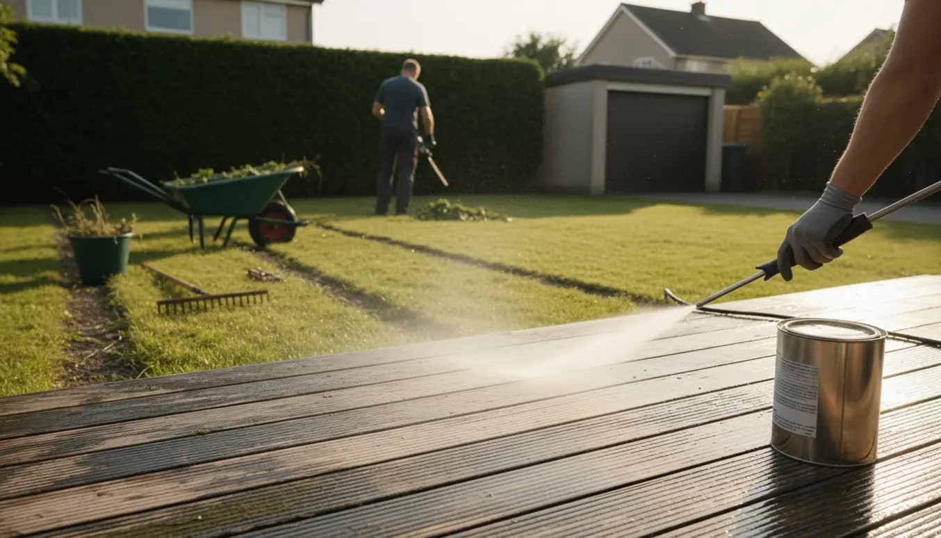Rengøring og lakering af træterrasse med hækklipning og ukrudtsfjernelse i en solrig have.