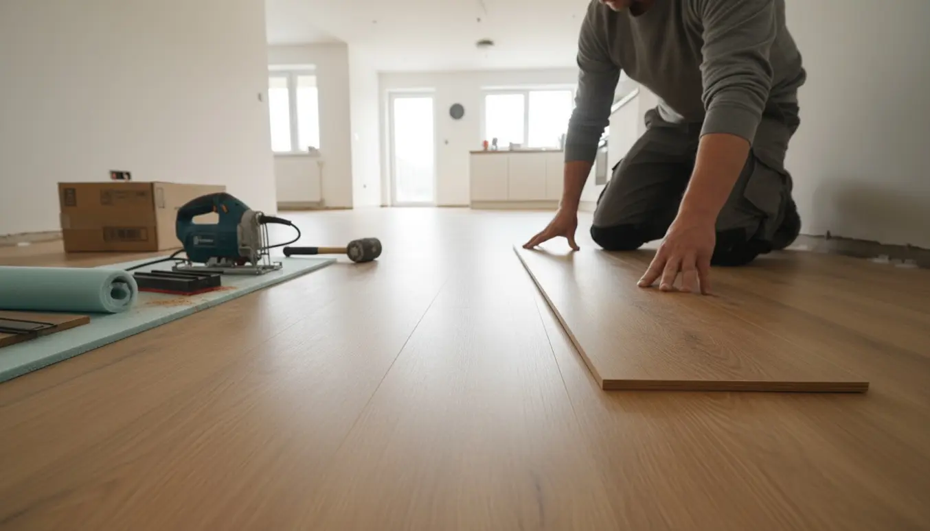 Installatør lægger laminatgulv gennem gang, stue og køkken med planker og værktøj i naturligt dagslys.